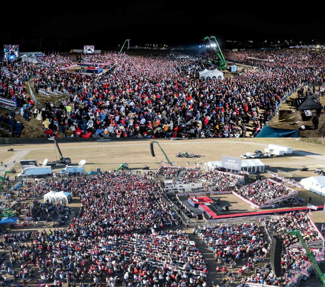 2 photos of the crowd of people gathered at the mass rally